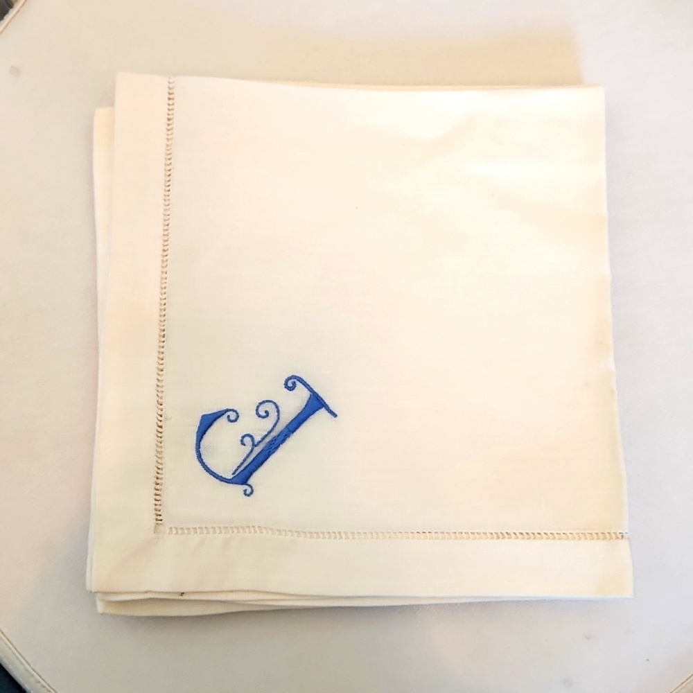 4 Vintage J Embroidered Linen Napkins